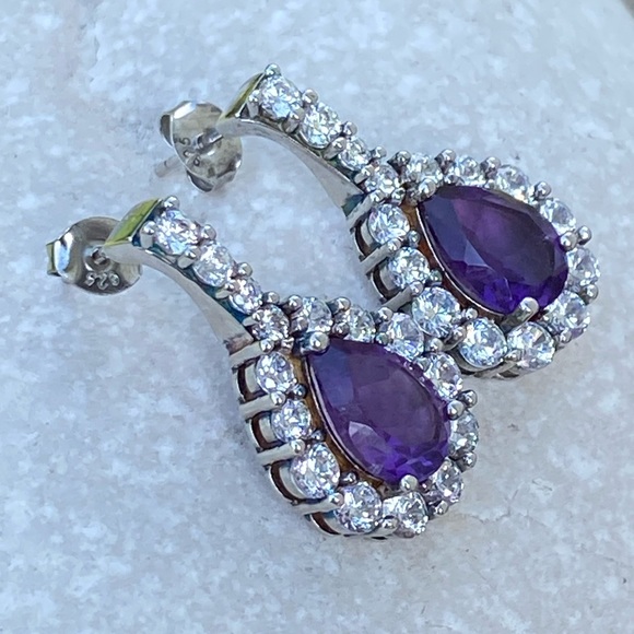 Amethyst .925 Sterling Silver earrings surrounded with white Cz - Picture 2 of 9